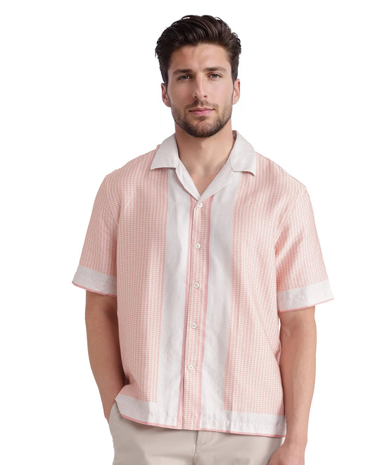 Rare Rabbit Men's Velix Light Pink Cotton Blend Houndstooth Print Boxy Fit Half Sleeve Collared Shirt