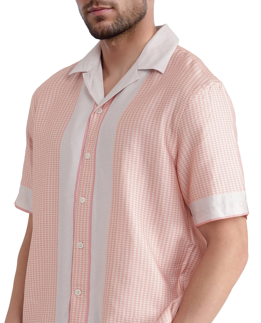 Rare Rabbit Men's Velix Light Pink Cotton Blend Houndstooth Print Boxy Fit Half Sleeve Collared Shirt