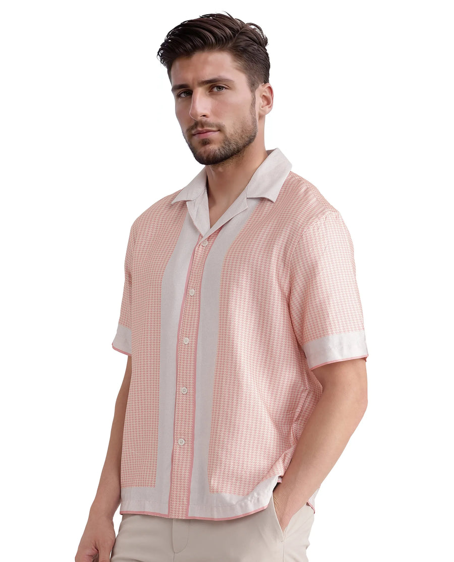 Rare Rabbit Men's Velix Light Pink Cotton Blend Houndstooth Print Boxy Fit Half Sleeve Collared Shirt