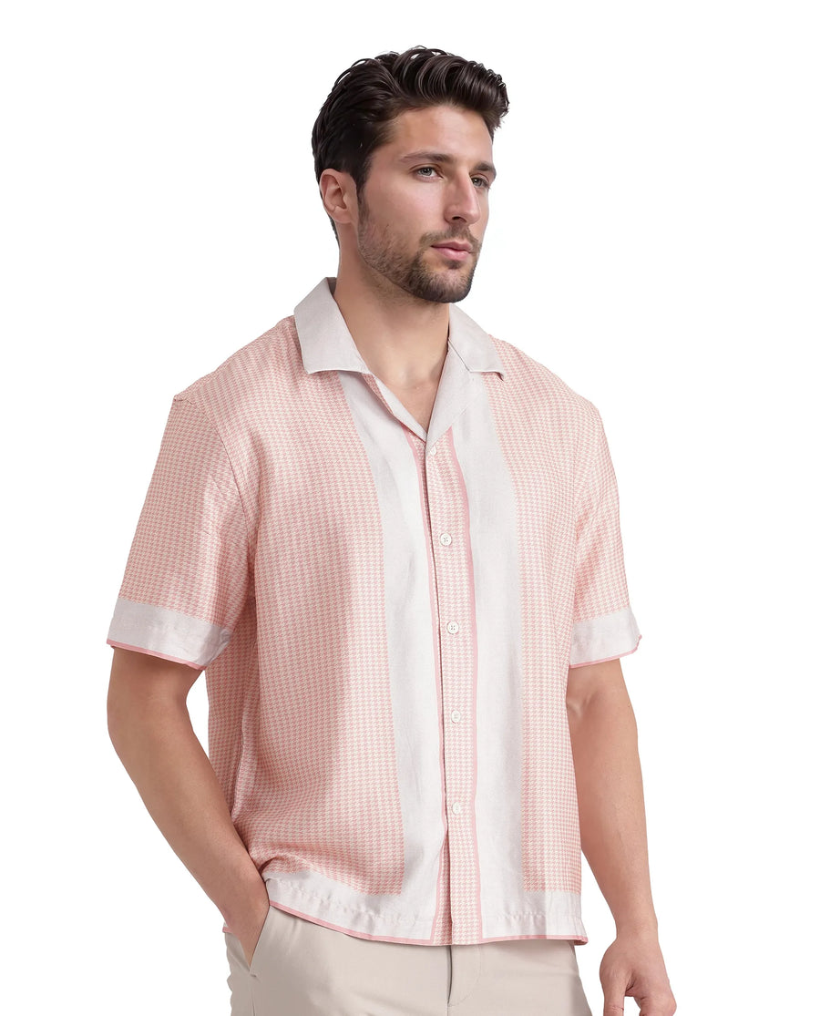 Rare Rabbit Men's Velix Light Pink Cotton Blend Houndstooth Print Boxy Fit Half Sleeve Collared Shirt
