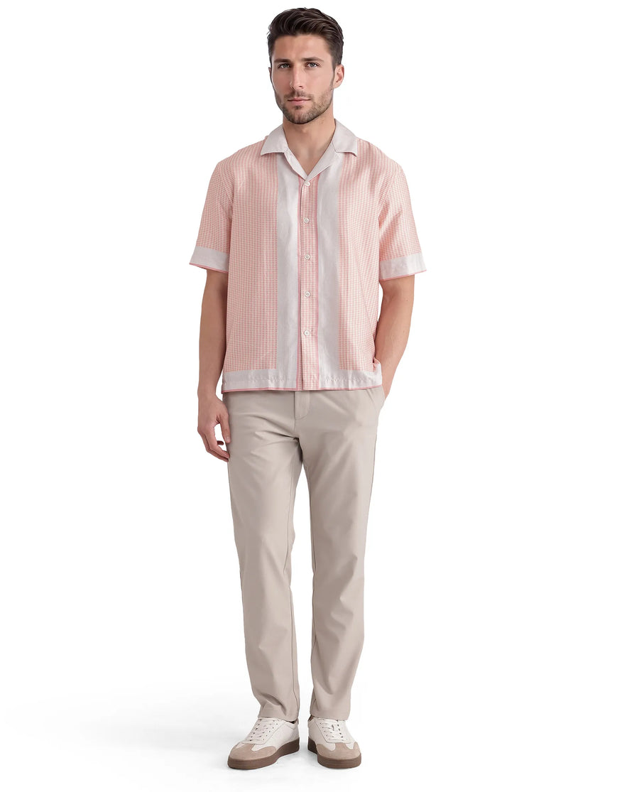 Rare Rabbit Men's Velix Light Pink Cotton Blend Houndstooth Print Boxy Fit Half Sleeve Collared Shirt