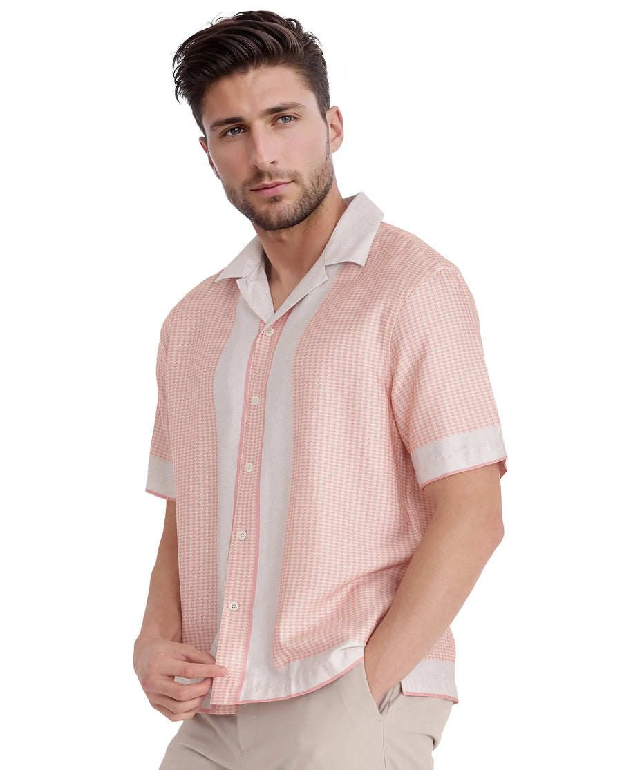 Rare Rabbit Men's Velix Light Pink Cotton Blend Houndstooth Print Boxy Fit Half Sleeve Collared Shirt
