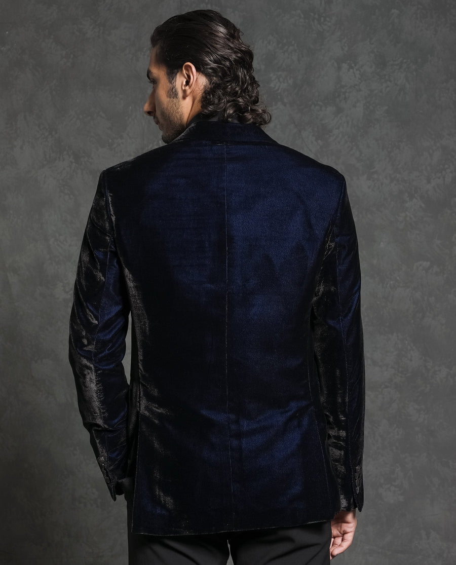 Rare Rabbit Men's Velter Dark Blue Velvet Plain Tailored Fit Full Sleeve Lapel Neck Blazer