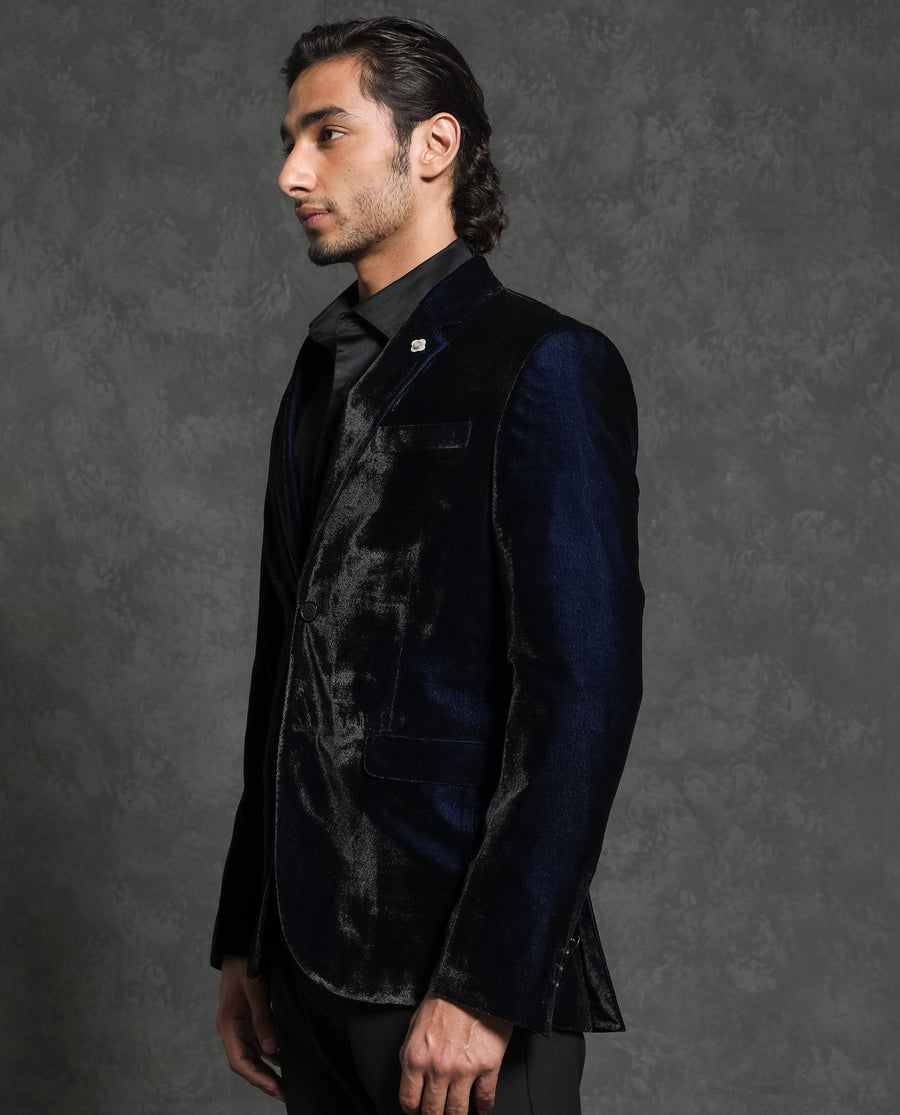 Rare Rabbit Men's Velter Dark Blue Velvet Plain Tailored Fit Full Sleeve Lapel Neck Blazer