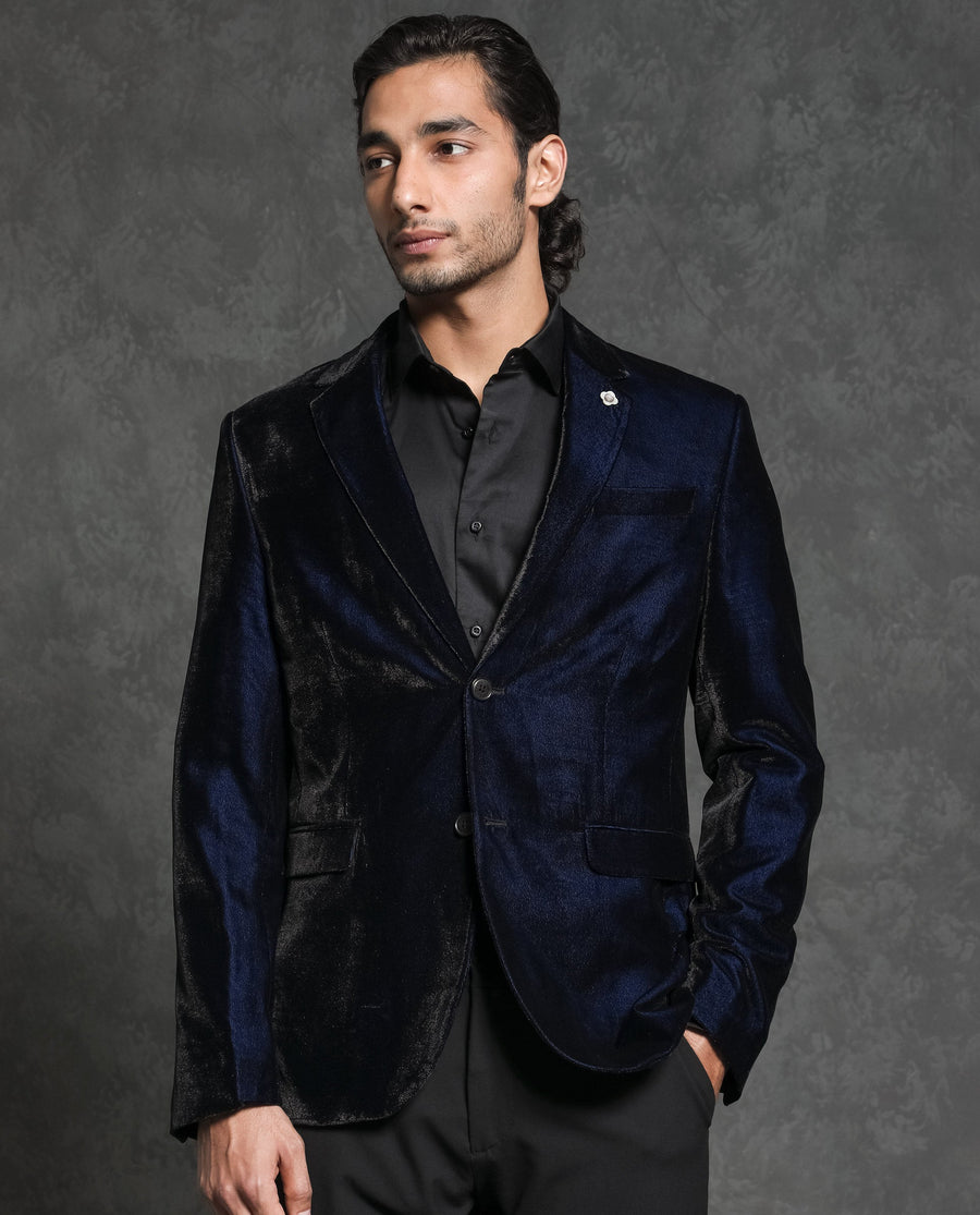 Rare Rabbit Men's Velter Dark Blue Velvet Plain Tailored Fit Full Sleeve Lapel Neck Blazer