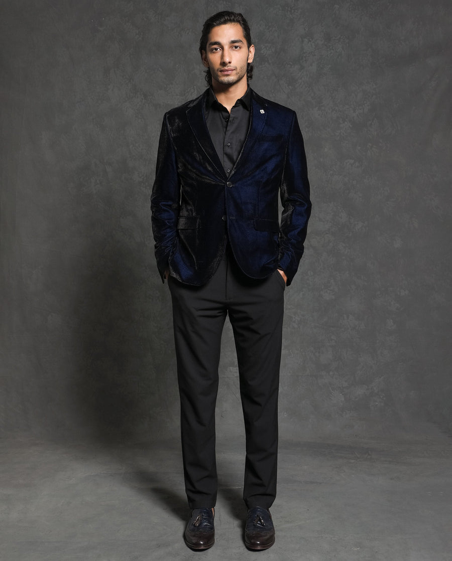 Rare Rabbit Men's Velter Dark Blue Velvet Plain Tailored Fit Full Sleeve Lapel Neck Blazer