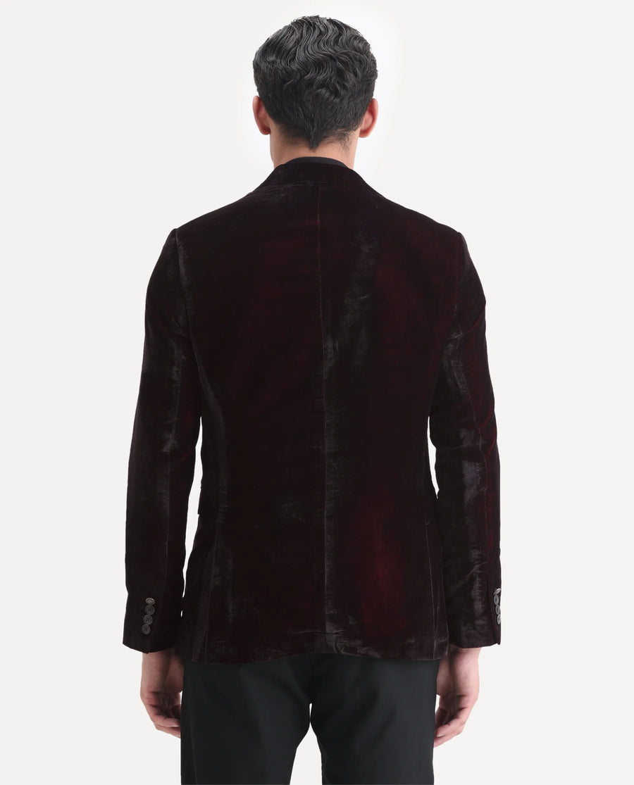 Rare Rabbit Men's Velter Dark Maroon Velvet Plain Tailored Fit Full Sleeve Lapel Neck Blazer
