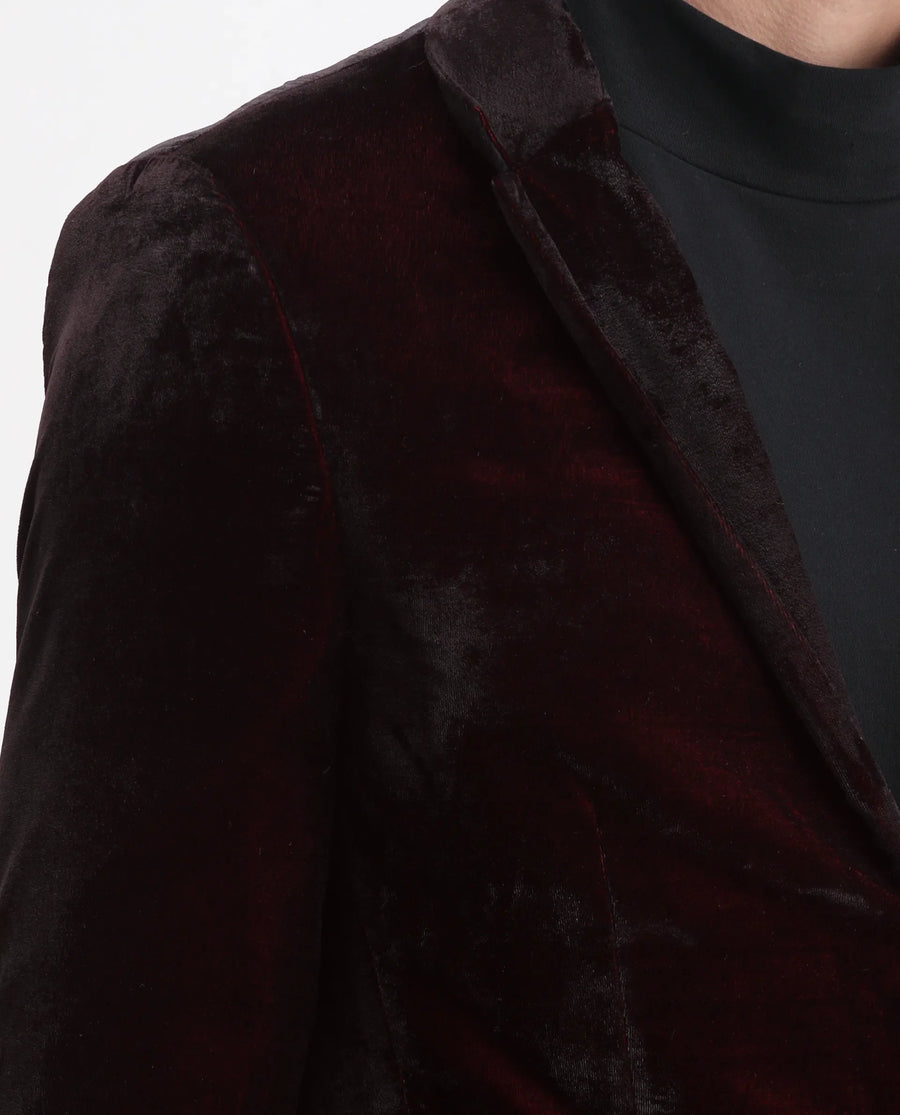 Rare Rabbit Men's Velter Dark Maroon Velvet Plain Tailored Fit Full Sleeve Lapel Neck Blazer