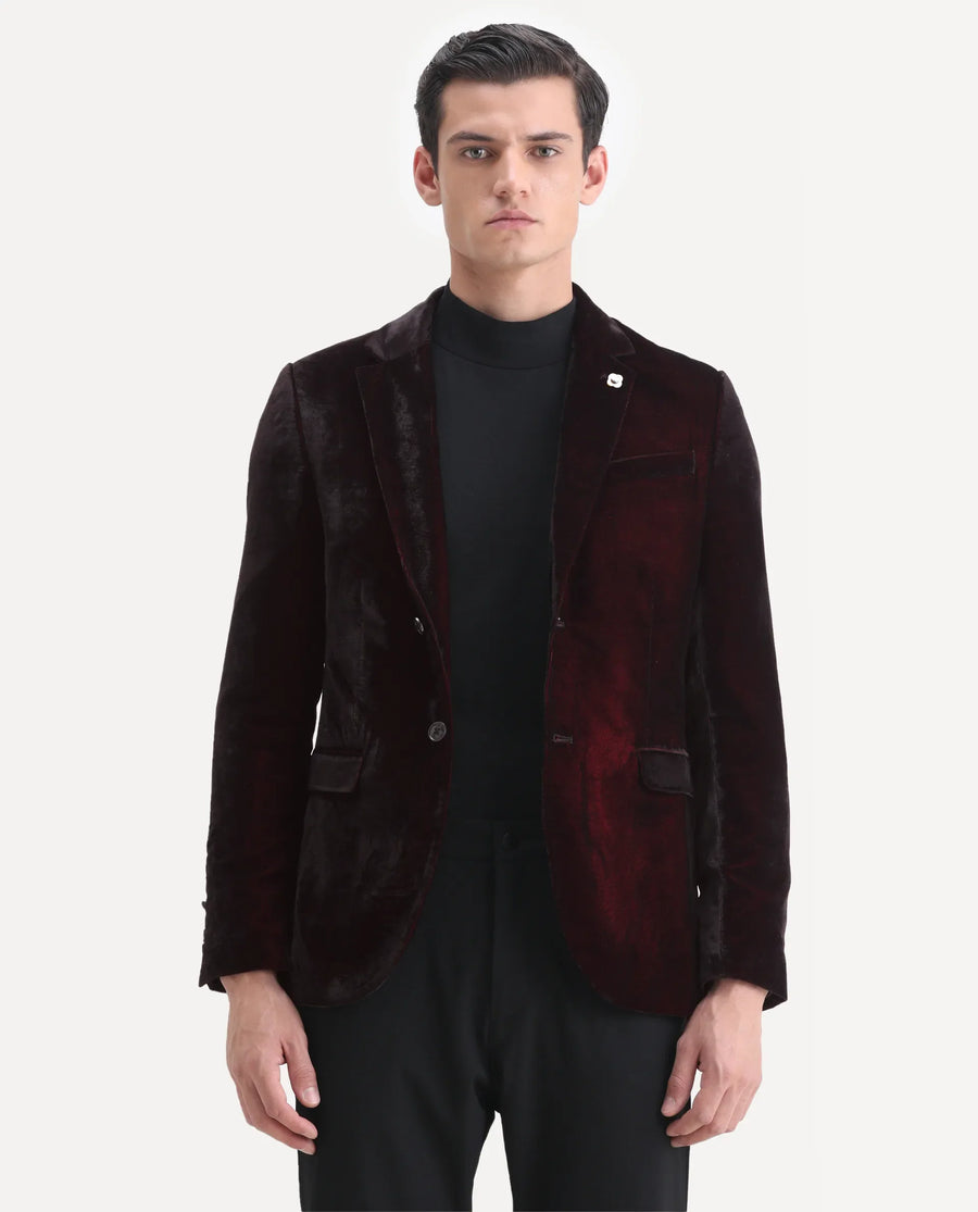 Rare Rabbit Men's Velter Dark Maroon Velvet Plain Tailored Fit Full Sleeve Lapel Neck Blazer