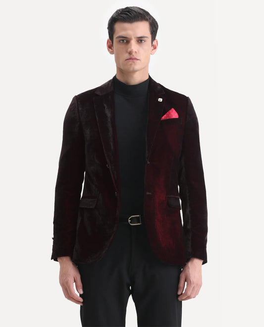 Rare Rabbit Men's Velter Dark Maroon Velvet Plain Tailored Fit Full Sleeve Lapel Neck Blazer