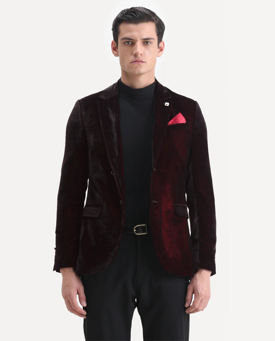 Rare Rabbit Men's Velter Dark Maroon Velvet Plain Tailored Fit Full Sleeve Lapel Neck Blazer