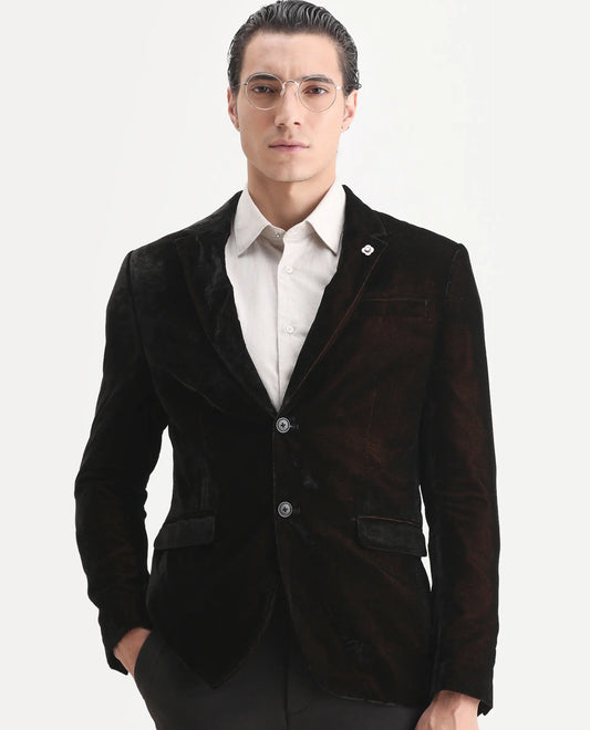 Rare Rabbit Men's Velter Dark Mustard Velvet Plain Tailored Fit Full Sleeve Lapel Neck Blazer