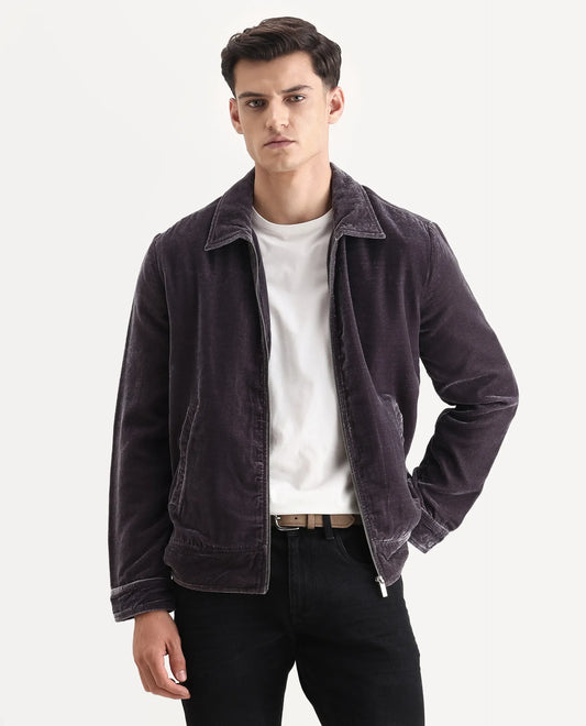 Rare Rabbit Men's Velto Grey Polyester Fabric Collared Neck Regular Fit Plain Jacket