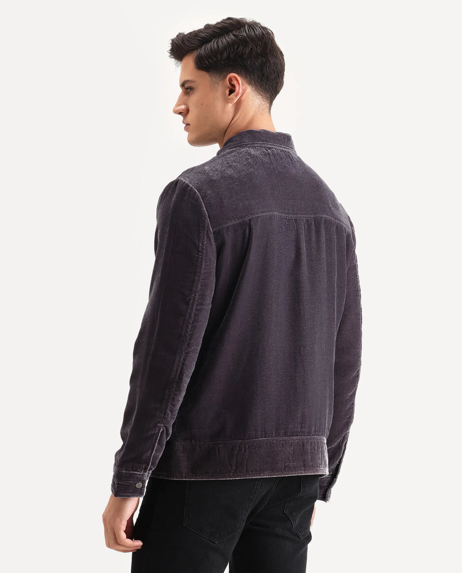 Rare Rabbit Men's Velto Grey Polyester Fabric Collared Neck Regular Fit Plain Jacket