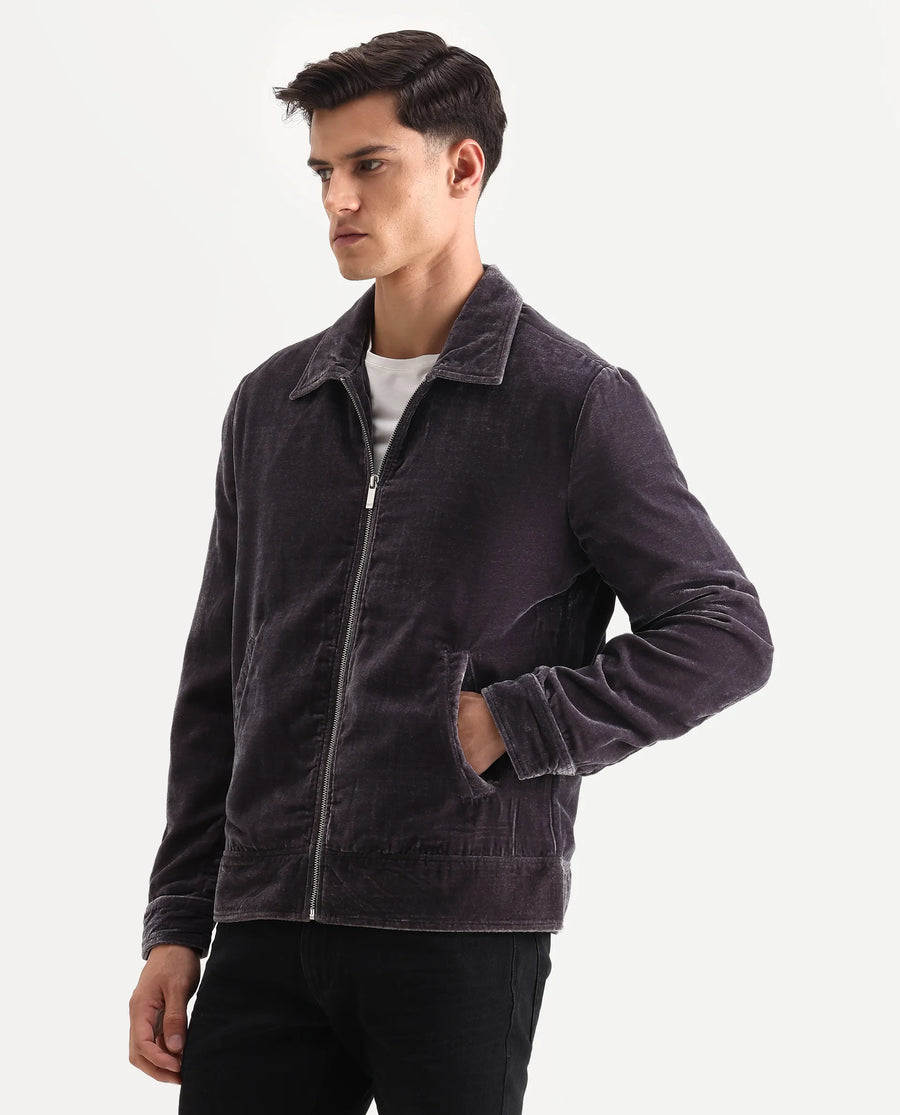 Rare Rabbit Men's Velto Grey Polyester Fabric Collared Neck Regular Fit Plain Jacket