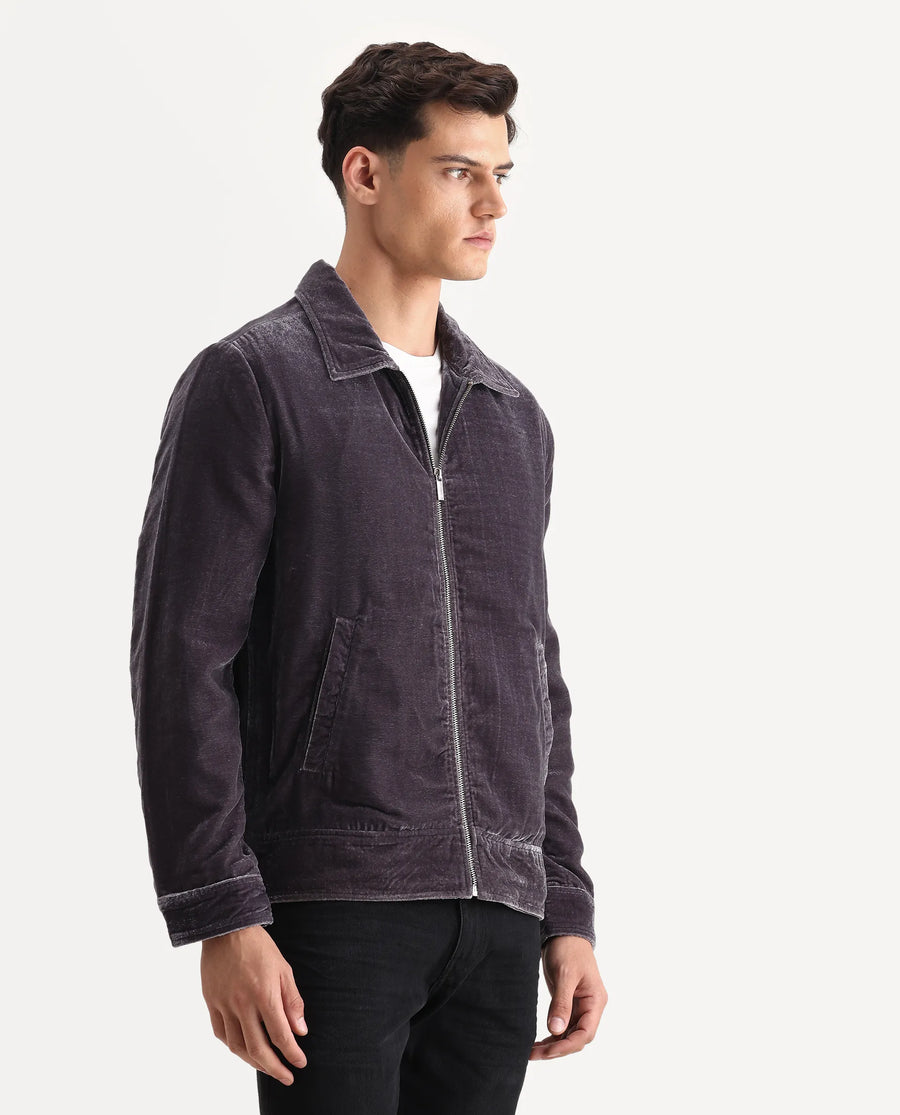 Rare Rabbit Men's Velto Grey Polyester Fabric Collared Neck Regular Fit Plain Jacket