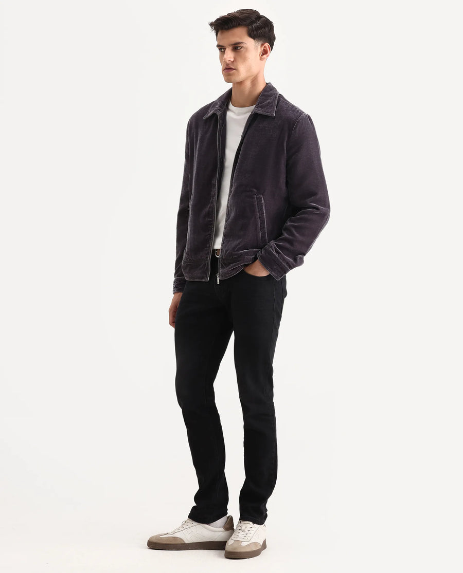 Rare Rabbit Men's Velto Grey Polyester Fabric Collared Neck Regular Fit Plain Jacket