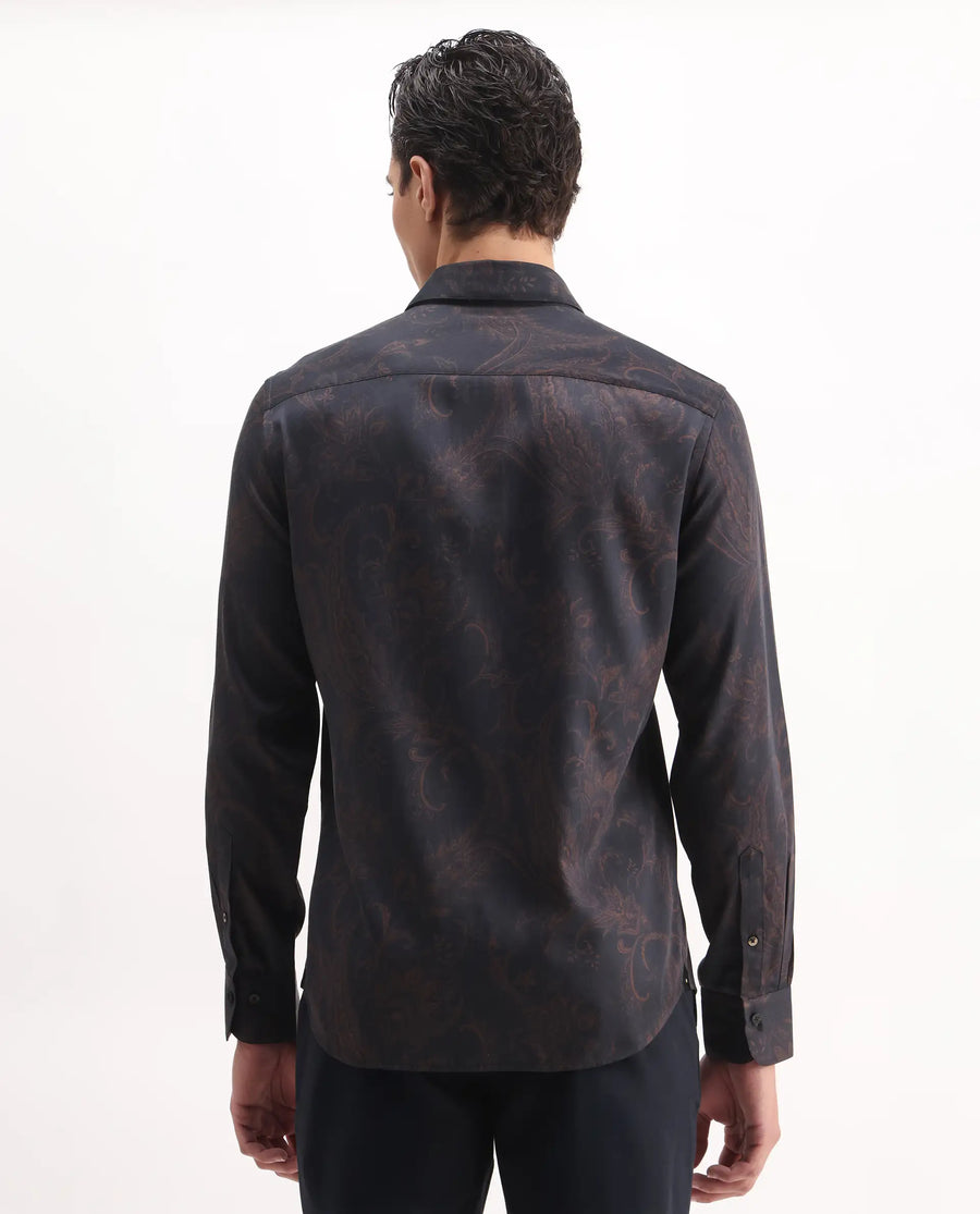 Rare Rabbit Men's Velto Black Cotton Blend Paisley Print Regular Fit Full Sleeve Collared Shirt