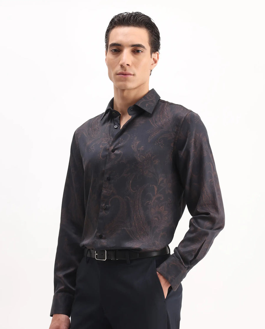 Rare Rabbit Men's Velto Black Cotton Blend Paisley Print Regular Fit Full Sleeve Collared Shirt