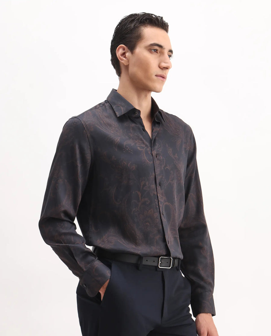 Rare Rabbit Men's Velto Black Cotton Blend Paisley Print Regular Fit Full Sleeve Collared Shirt