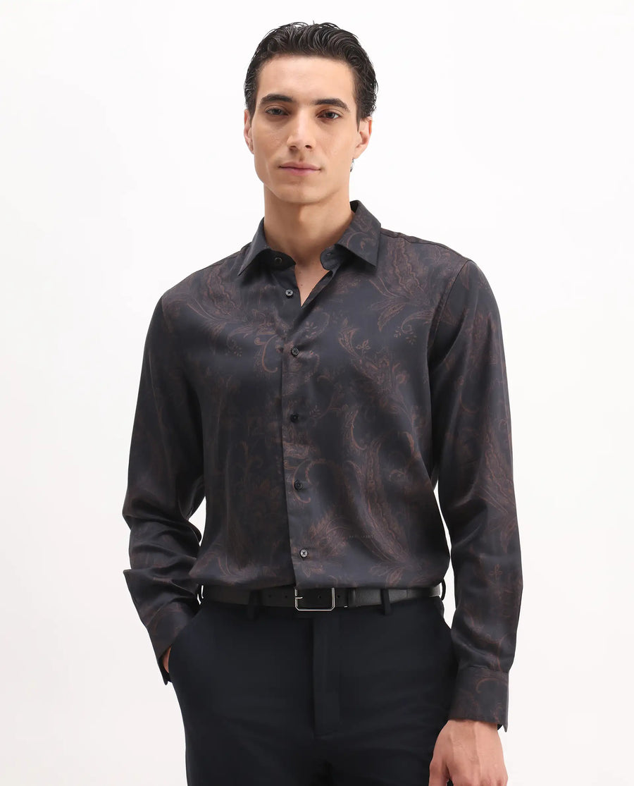 Rare Rabbit Men's Velto Black Cotton Blend Paisley Print Regular Fit Full Sleeve Collared Shirt