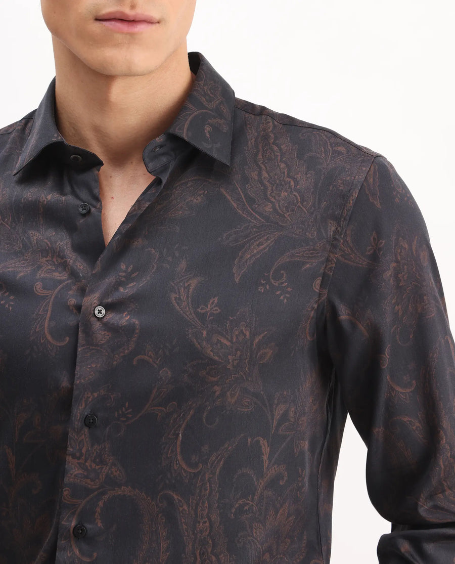 Rare Rabbit Men's Velto Black Cotton Blend Paisley Print Regular Fit Full Sleeve Collared Shirt