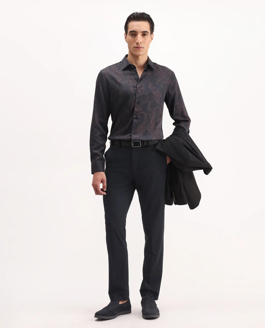 Rare Rabbit Men's Velto Black Cotton Blend Paisley Print Regular Fit Full Sleeve Collared Shirt