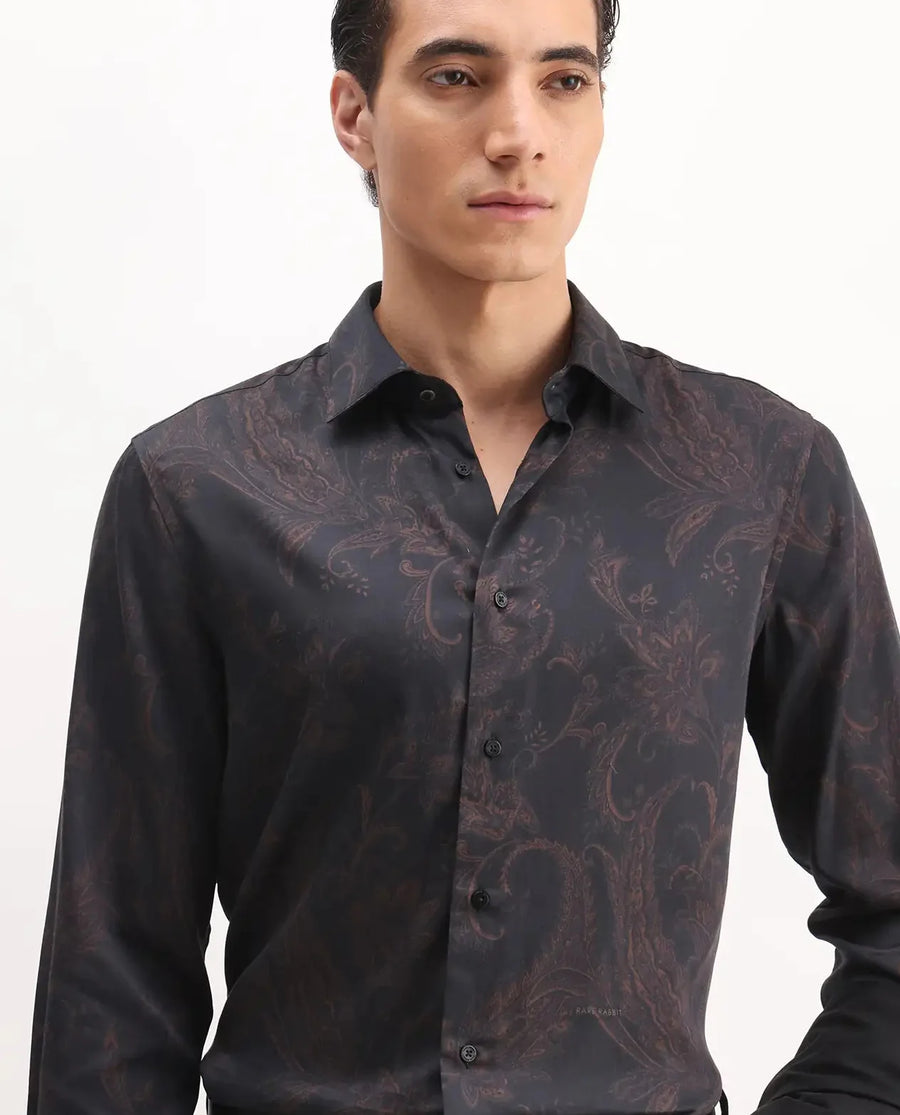 Rare Rabbit Men's Velto Black Cotton Blend Paisley Print Regular Fit Full Sleeve Collared Shirt