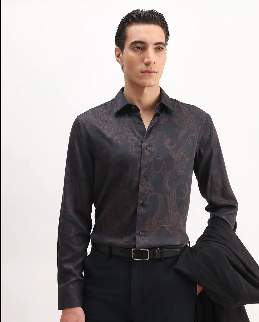 Rare Rabbit Men's Velto Black Cotton Blend Paisley Print Regular Fit Full Sleeve Collared Shirt
