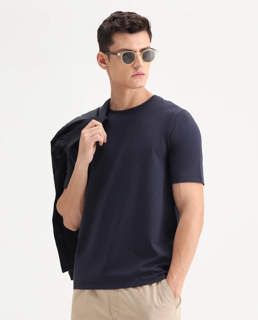 Rare Rabbit Men's Veltra Dark Navy Cotton Blend Plain Regular Fit Half Sleeve Crew Neck T-Shirt