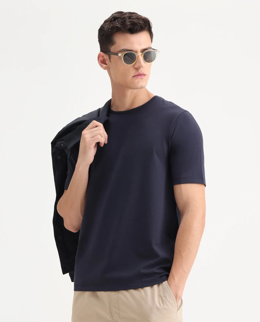 Rare Rabbit Men's Veltra Dark Navy Cotton Blend Plain Regular Fit Half Sleeve Crew Neck T-Shirt