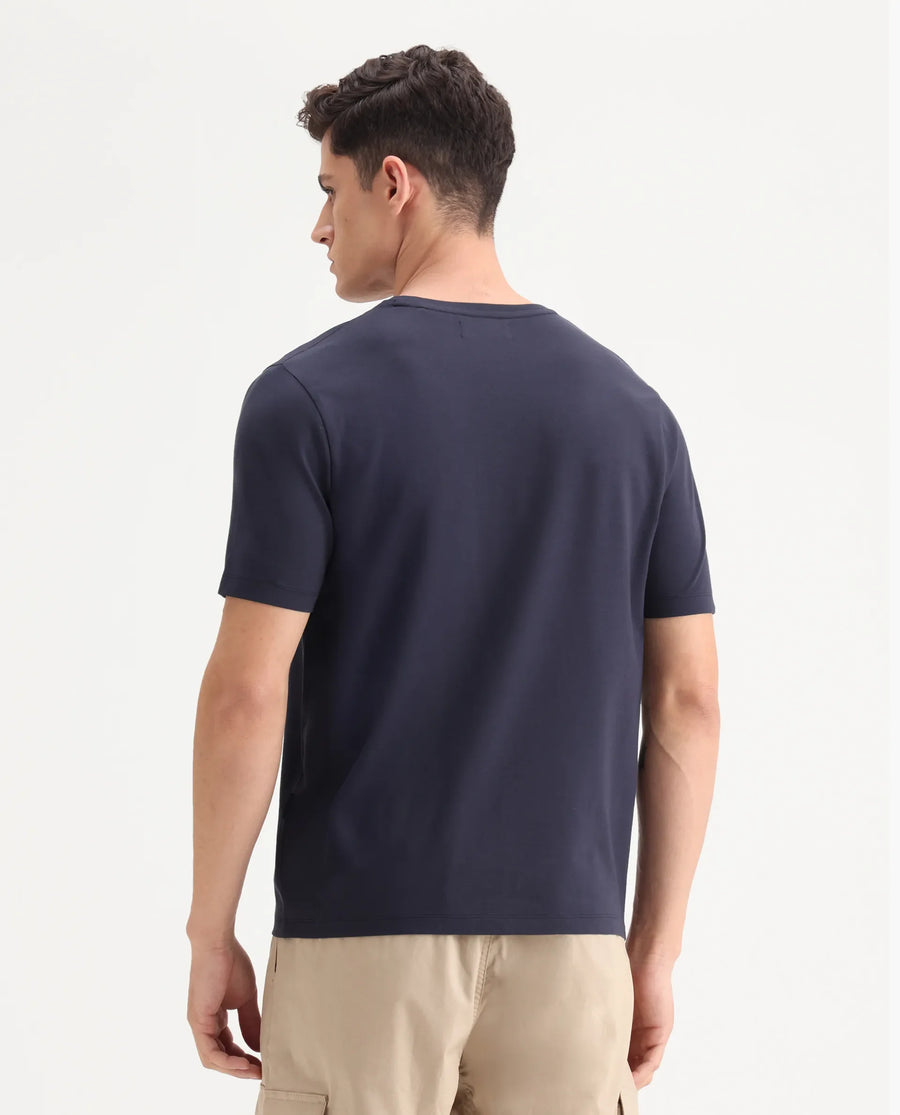 Rare Rabbit Men's Veltra Dark Navy Cotton Blend Plain Regular Fit Half Sleeve Crew Neck T-Shirt