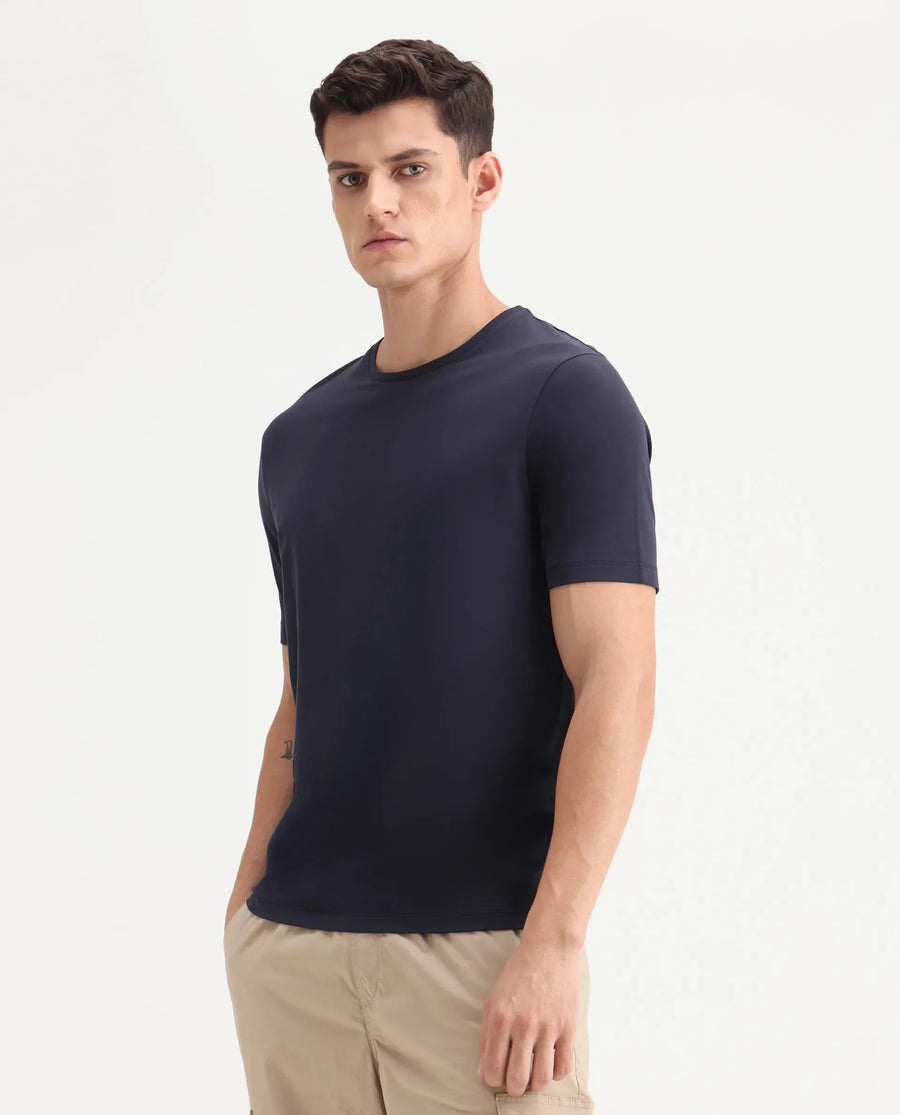 Rare Rabbit Men's Veltra Dark Navy Cotton Blend Plain Regular Fit Half Sleeve Crew Neck T-Shirt