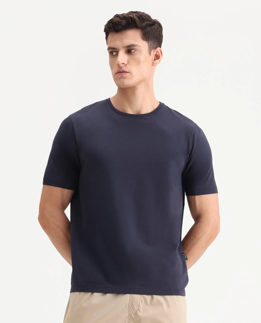 Rare Rabbit Men's Veltra Dark Navy Cotton Blend Plain Regular Fit Half Sleeve Crew Neck T-Shirt