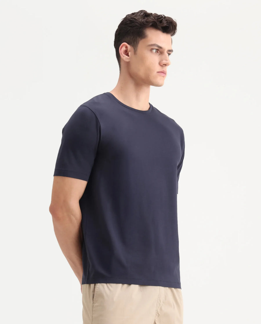 Rare Rabbit Men's Veltra Dark Navy Cotton Blend Plain Regular Fit Half Sleeve Crew Neck T-Shirt