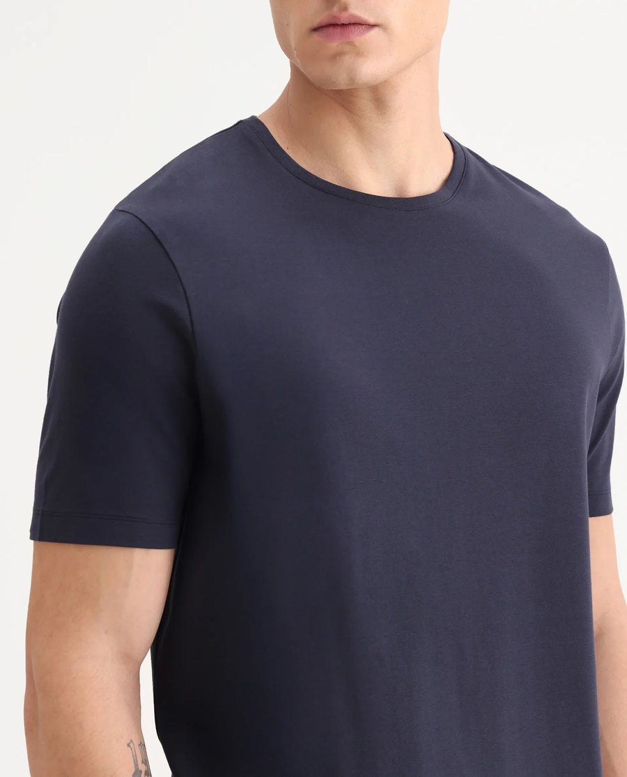 Rare Rabbit Men's Veltra Dark Navy Cotton Blend Plain Regular Fit Half Sleeve Crew Neck T-Shirt