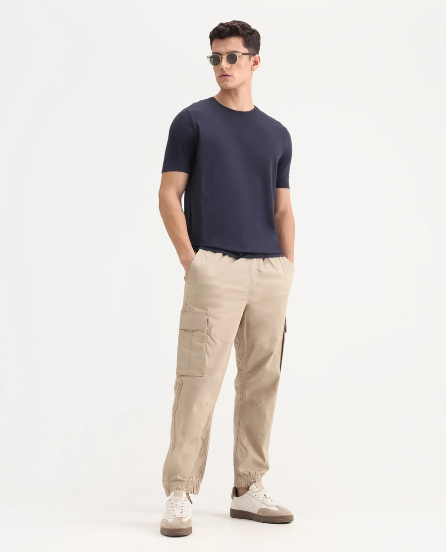 Rare Rabbit Men's Veltra Dark Navy Cotton Blend Plain Regular Fit Half Sleeve Crew Neck T-Shirt