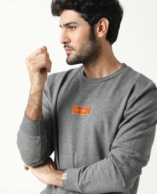 Rare Rabbit Men's Velveto Grey Cotton Plain Regular Fit Full Sleeve Crew Neck Sweatshirt