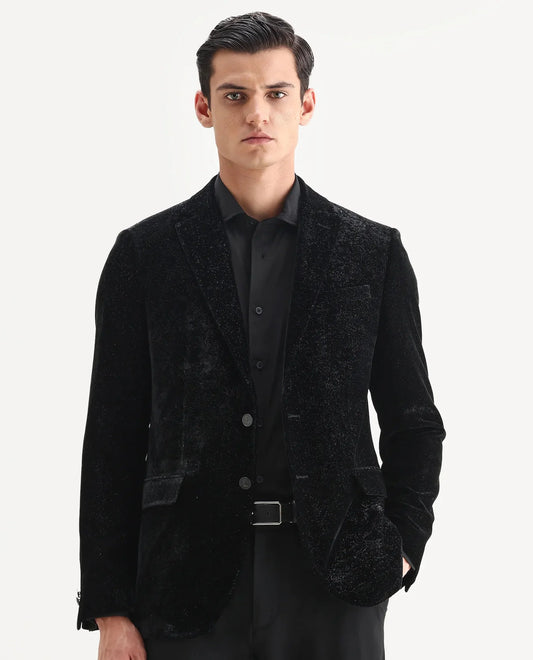 Rare Rabbit Men's Velvi Black Polyester Fabric Full Sleeve Lapel Neck Plain Blazer