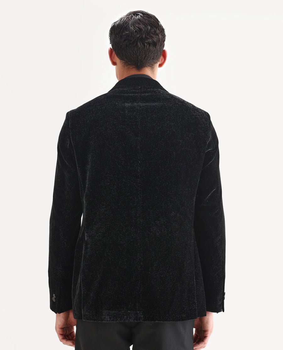 Rare Rabbit Men's Velvi Black Polyester Fabric Full Sleeve Lapel Neck Plain Blazer