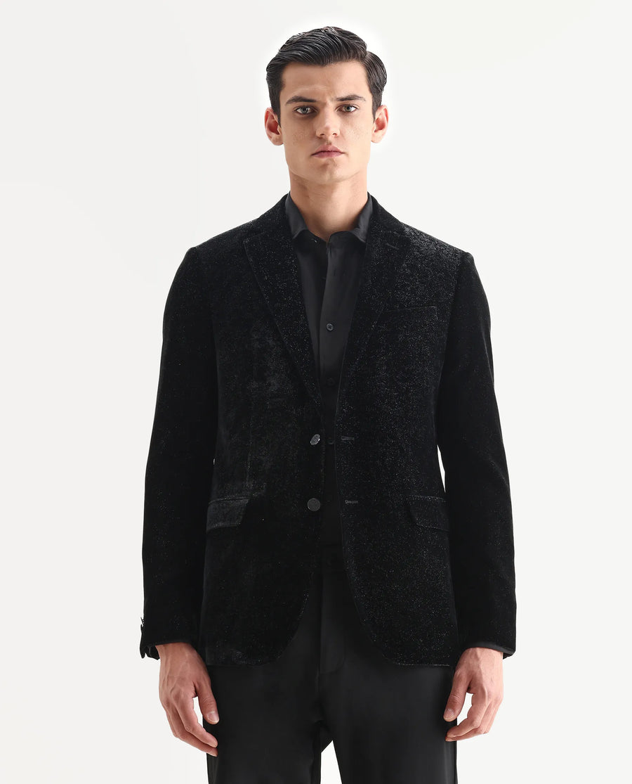 Rare Rabbit Men's Velvi Black Polyester Fabric Full Sleeve Lapel Neck Plain Blazer