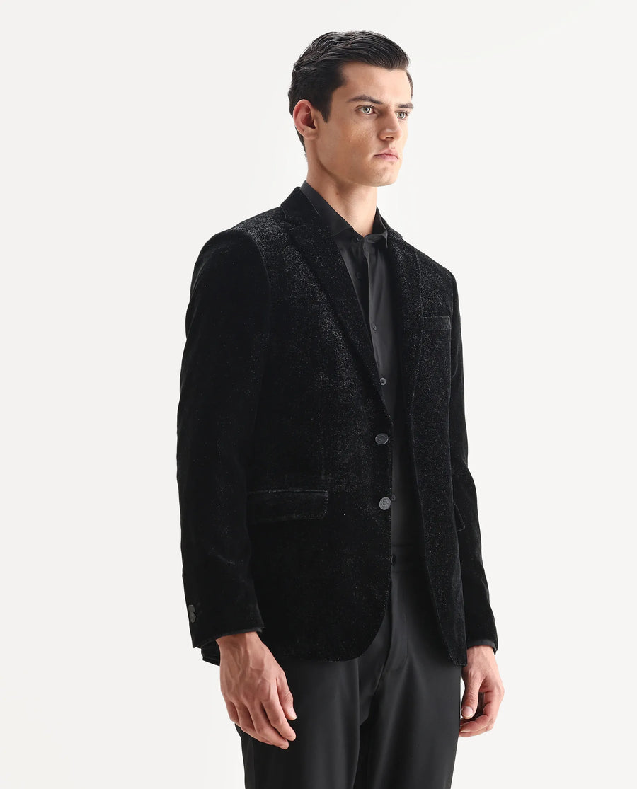 Rare Rabbit Men's Velvi Black Polyester Fabric Full Sleeve Lapel Neck Plain Blazer