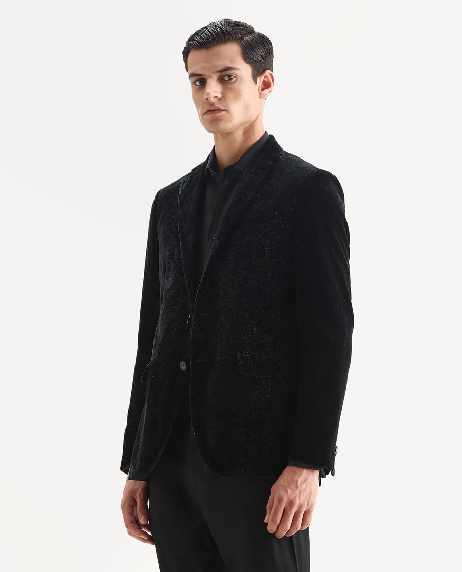 Rare Rabbit Men's Velvi Black Polyester Fabric Full Sleeve Lapel Neck Plain Blazer