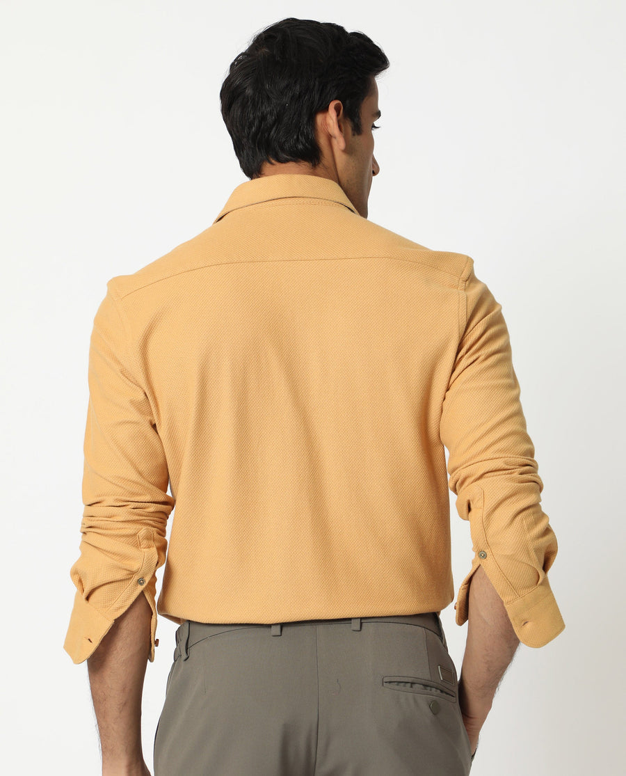 Rare Rabbit Men's Venziya Dark Yellow Cotton Plain Regular Fit Full Sleeve Collared Shirt