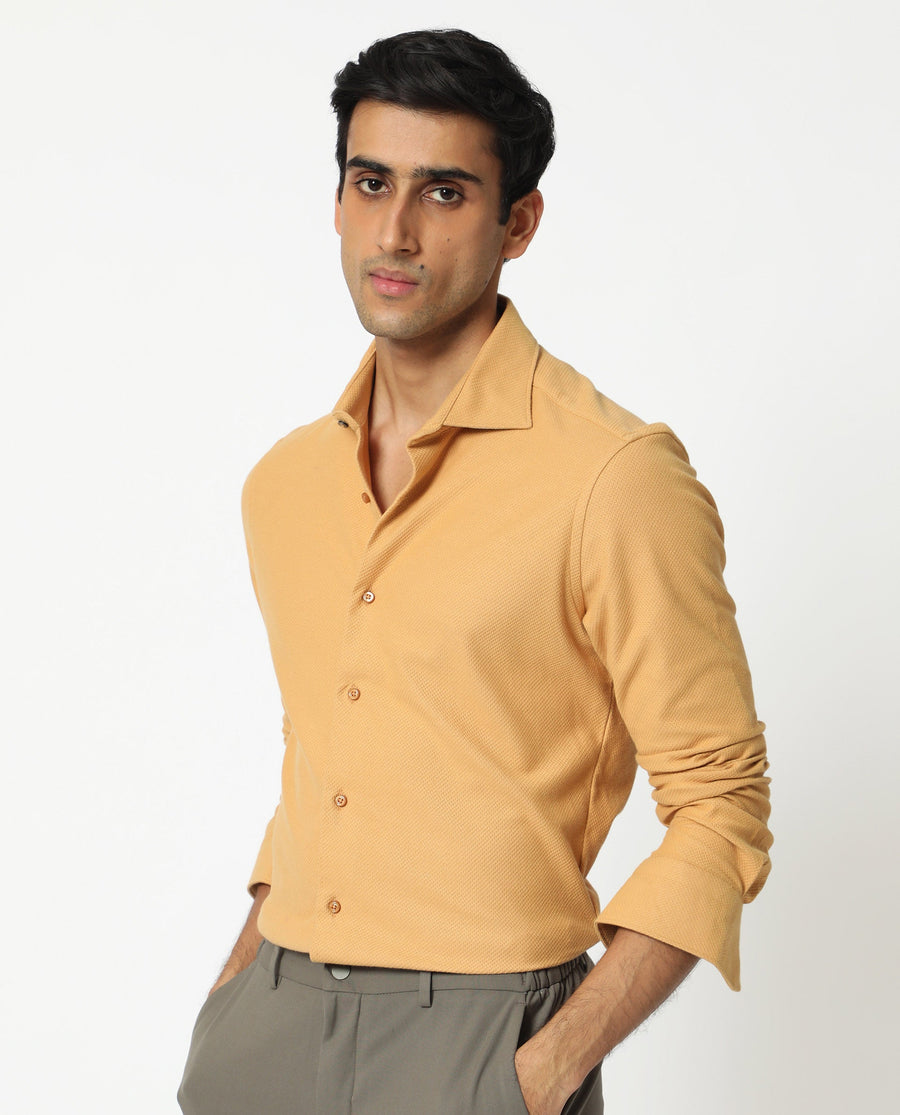 Rare Rabbit Men's Venziya Dark Yellow Cotton Plain Regular Fit Full Sleeve Collared Shirt