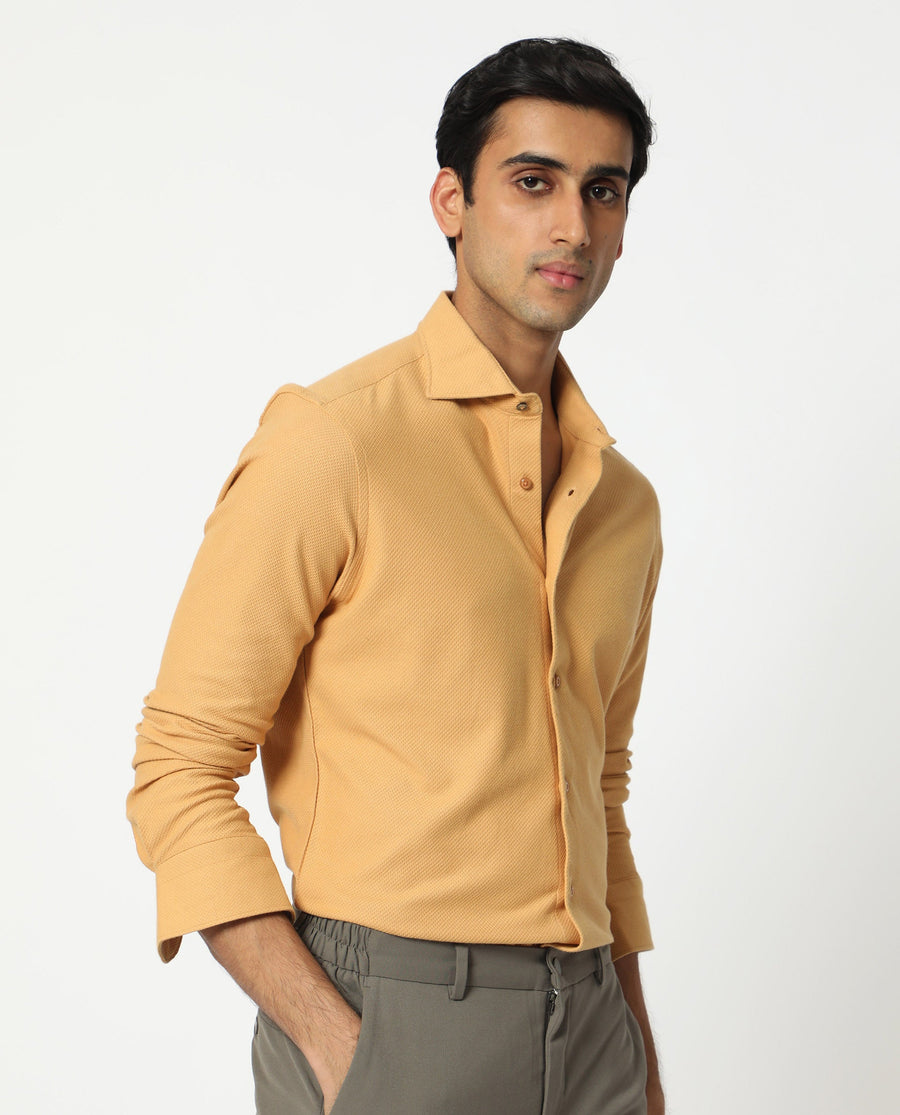 Rare Rabbit Men's Venziya Dark Yellow Cotton Plain Regular Fit Full Sleeve Collared Shirt