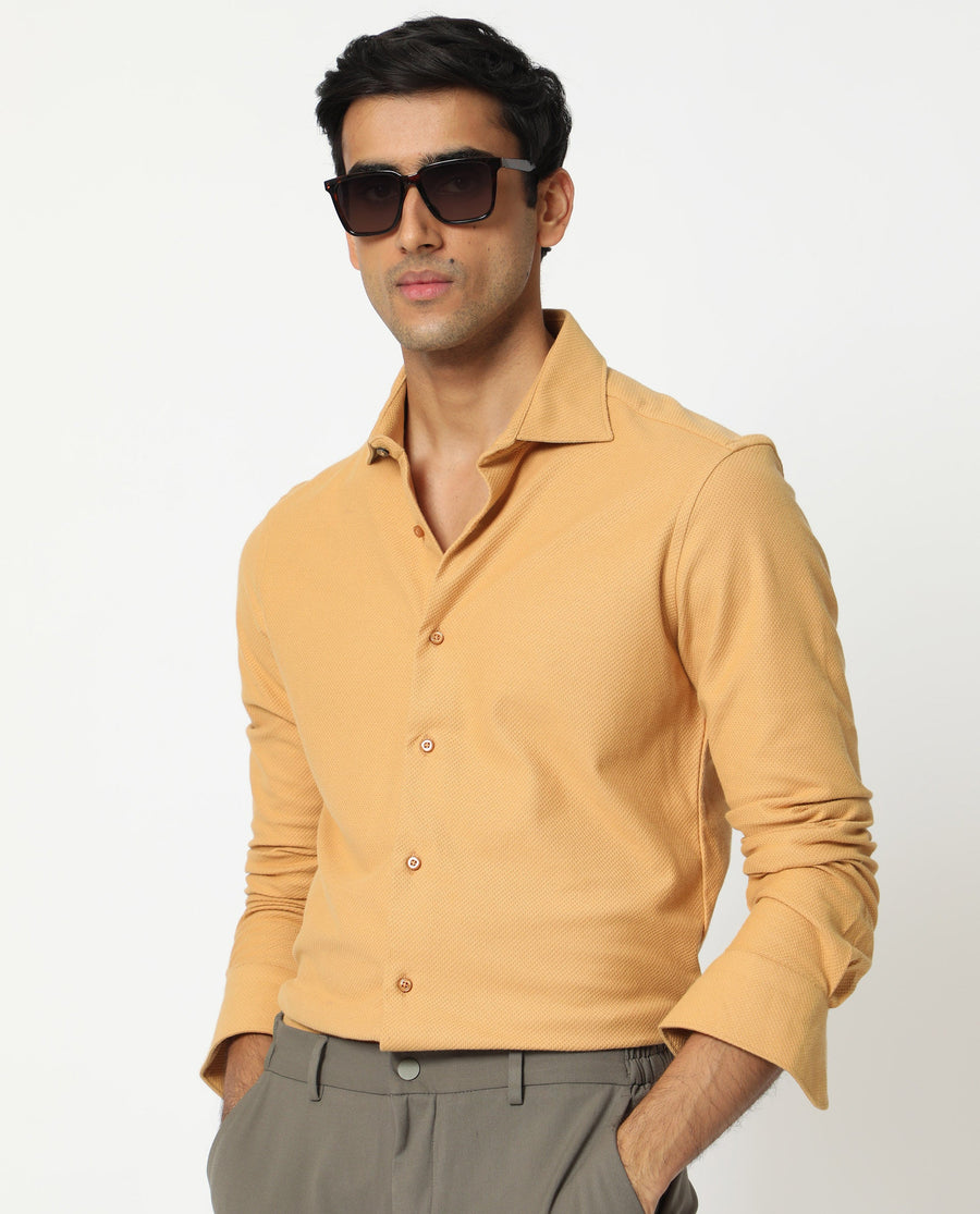 Rare Rabbit Men's Venziya Dark Yellow Cotton Plain Regular Fit Full Sleeve Collared Shirt