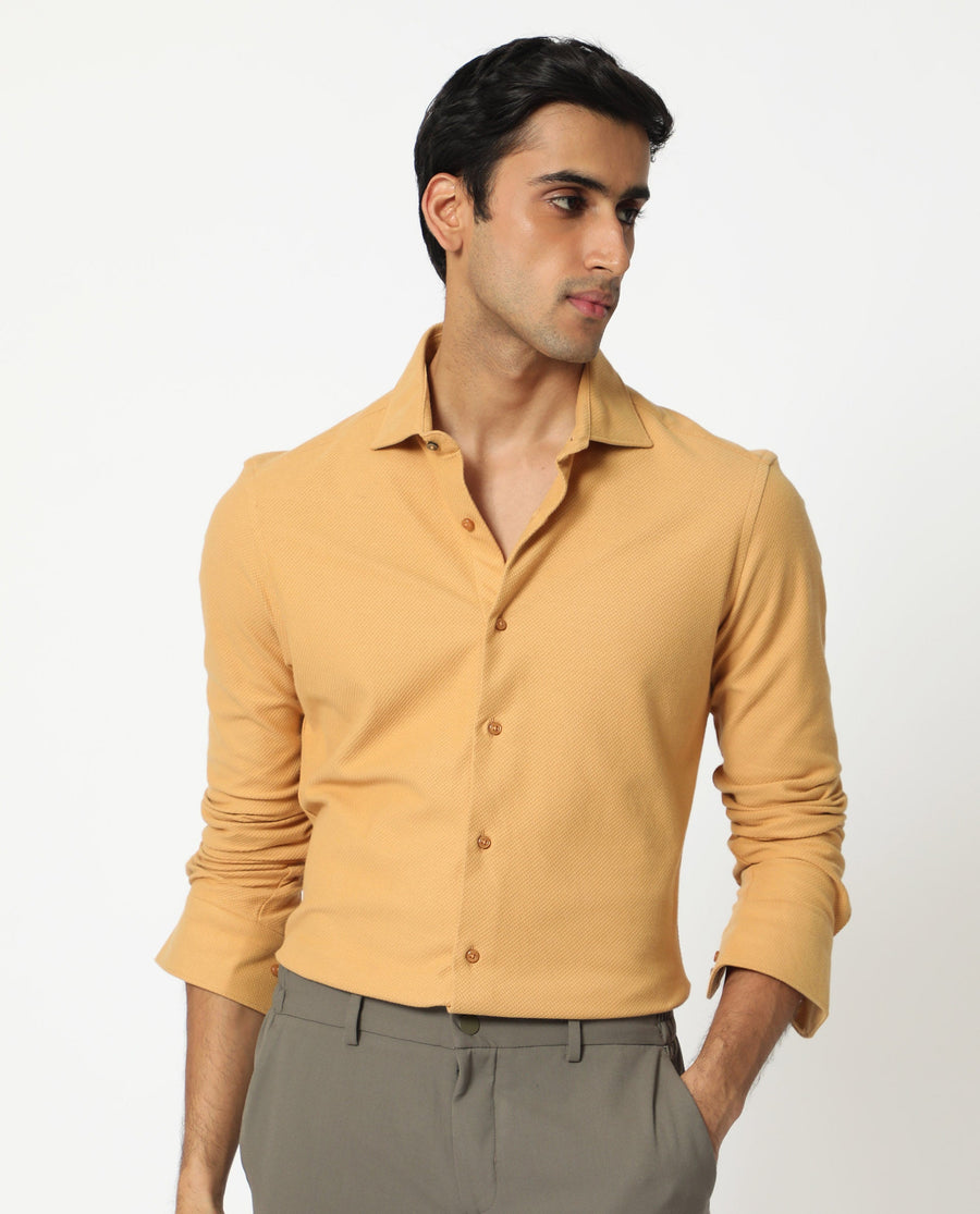 Rare Rabbit Men's Venziya Dark Yellow Cotton Plain Regular Fit Full Sleeve Collared Shirt