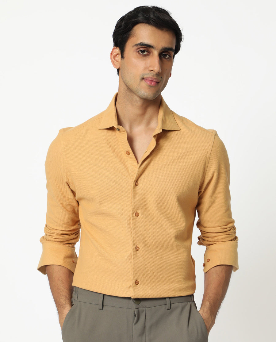 Rare Rabbit Men's Venziya Dark Yellow Cotton Plain Regular Fit Full Sleeve Collared Shirt