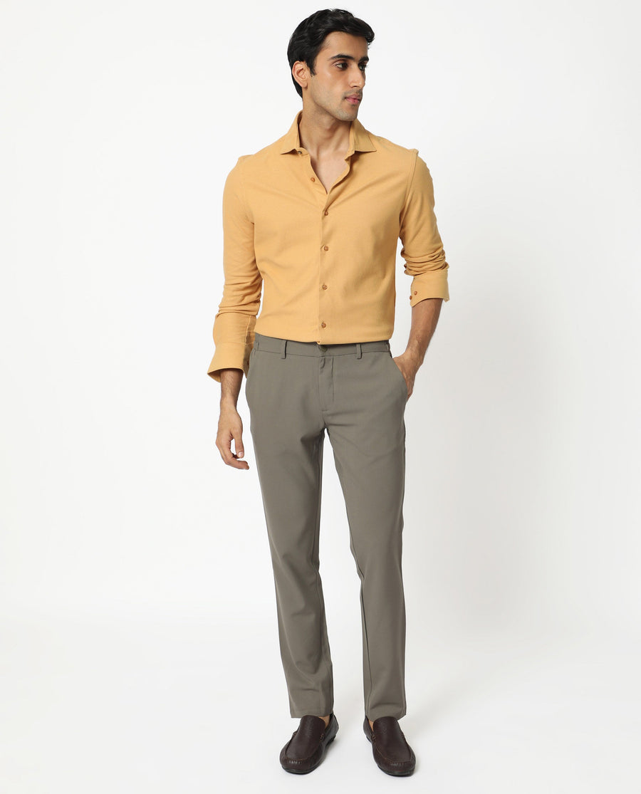 Rare Rabbit Men's Venziya Dark Yellow Cotton Plain Regular Fit Full Sleeve Collared Shirt